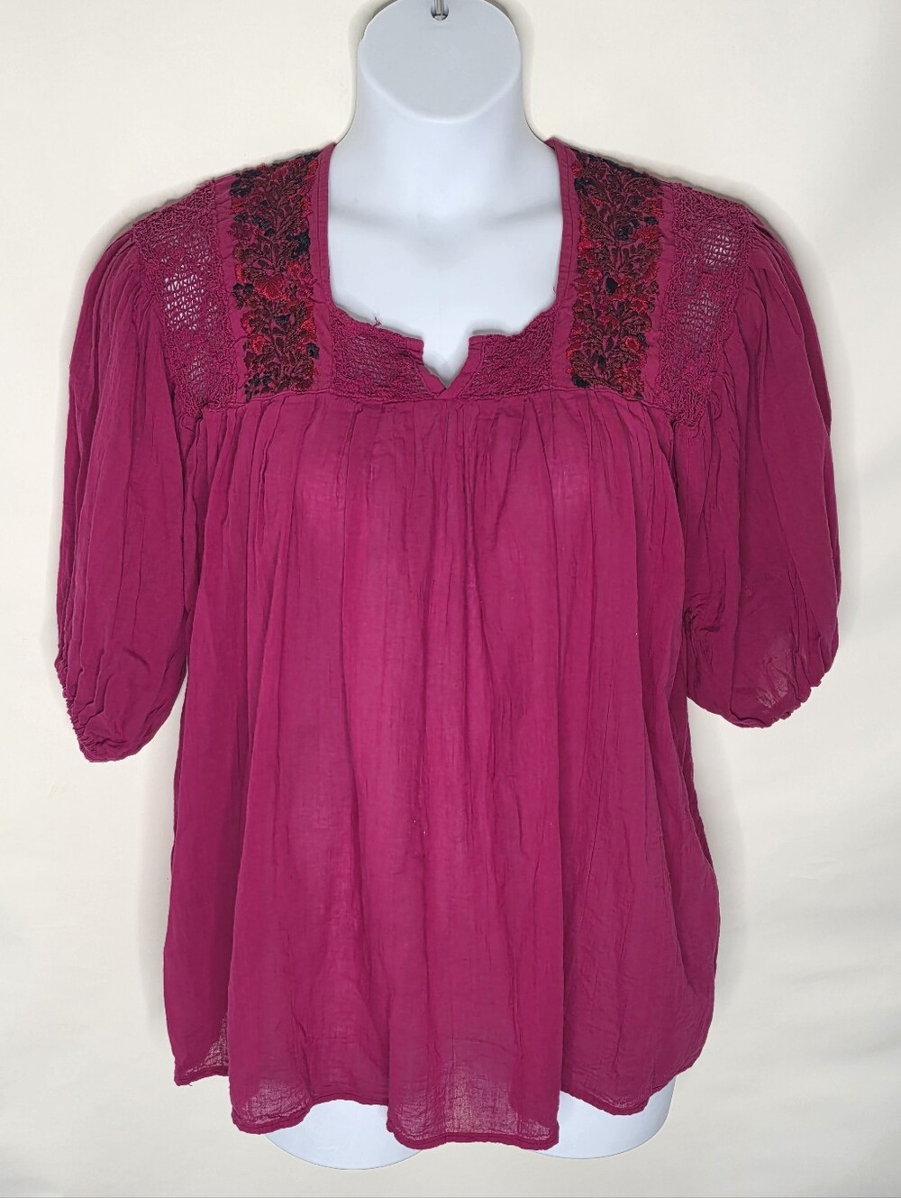 Handmade Mexican Oaxaca Embroidered Peasant Top Floral Puff Sleeve Boho Gauzy L?